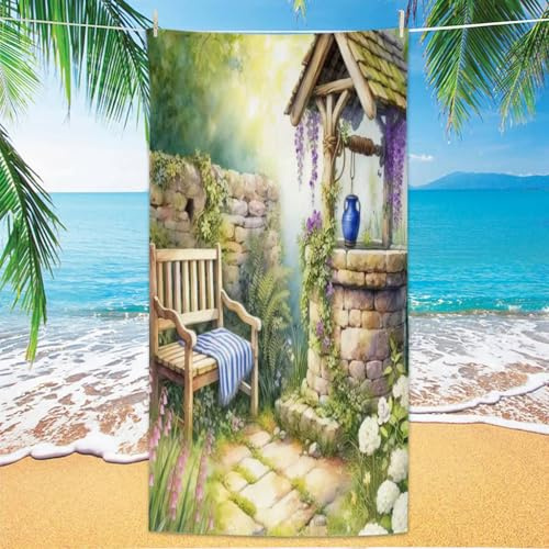 1 Pc Spring Bath Towels Stone Well Purple Wisteria Bench With Cloth Blue Jug Stone Pathway Printing Polyester Soft Travel Gym Everyday Use Essentials Beach Towel for Bathroom Decor 32x63 Inch