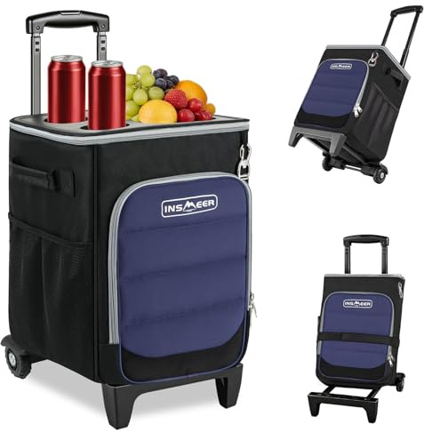 INSMEER Sac isotherme 2 en 1 avec roulettes, 40 L/60 canettes pliable à côtés souples sur roulettes, dessus rigide avec 2 porte-gobelets, sac isotherme à roulettes 100 % étanche pour pique-nique