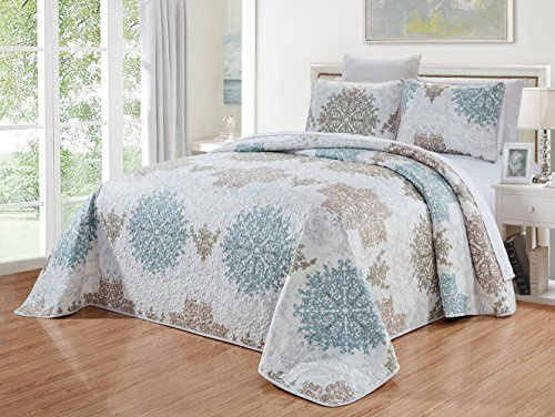 Grand Linen 3-Piece Fine Printed Oversize (100 X 95) Quilt Set Reversible Bedspread Coverlet Queen Size Bed Cover (Blue, White, Grey Scroll)