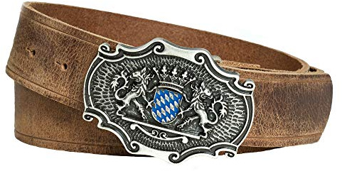 Enzianblau Echtleder Gürtel; Trachtengürtel; Bayerwappen blau-weiß und bayer. Löwen, Gürtel passend zur Lederhose (110)