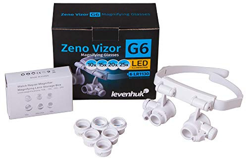 Levenhuk Zeno Vizor G6 Leistungsstarke Professionelle Kopfband-Lupenbrille mit 4 Linsen-Sets (10- / 15- / 20- / 25-Fache Vergrößerung)