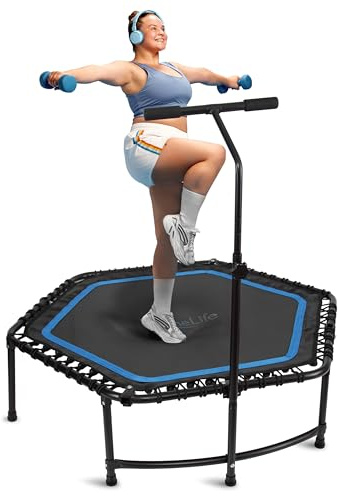 SereneLife 40/50 Mini Trampoline for Adults - 450/550LBS Fitness Trampoline with Reinforced Springs & Adjustable Safety Handle - Stable & Quiet Supports Whole-Body Workout & Relaxation