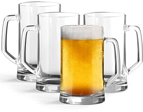 KooK Beer Mugs, Beer Glasses, Set of 4, 12.7 Oz, Clear Large Beer Mugs, Gift for Men, With Handles, Large Drinking Cups for Tea, Coffee, Root Beer Floats, Dishwasher and Freezer Safe, Durable