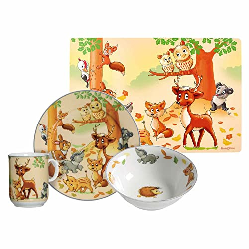 Ritzenhoff & Breker Vaisselle pour enfant avec set de table animaux de la forêt, 4 pièces, multicolore, bol, gobelet, assiette en porcelaine, set de table 45 x 30 cm, set pour enfants avec motifs