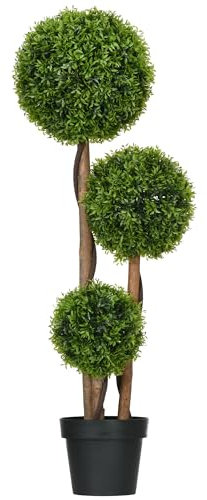 HOMCOM Arbre Artificiel, Plante Artificiel, buis avec 3 Boules Feuilles de Bambou, Pot Inclus, intérieur et extérieur, Hauteur 110 cm, Aucun Assemblage nécessaire, Vert