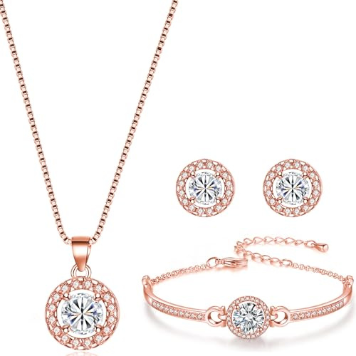 MESU Jewellery Set Pendant Necklace Earrings Tennis Bracelet Set Cubic Zirconia Jewellery for Women Rose Gold