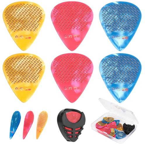 15pcs Guitar Picks, 0.46 0.71 0.96 mm Includes Thin Medium Heavy Thickness, Three Colors Non-slip Celluloid Plectrums for Bass Electric Acoustic Guitars Ukulele (15pcs twill Picks)