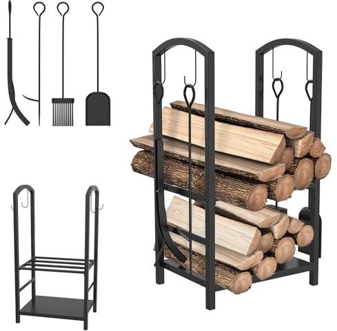Froadp Estantería para leña de chimenea para interior y exterior, con 4 herramientas para chimenea, 40 x 38 x 75 cm, hierro forjado, color negro