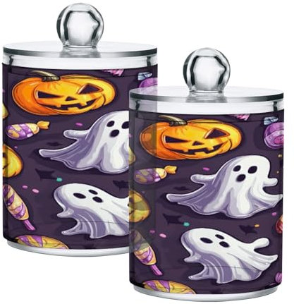 JUMBEAR Paquete de 2 soportes de algodón acrílico para tartas de caramelos de Halloween, frascos de boticario, bolas de algodón de plástico, soporte para bolas de hisopo de algodón, cajas de