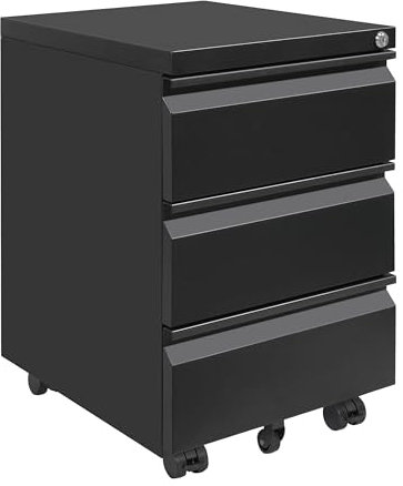 LVSTEEL Rollcontainer, Aktenschrank Abschließbar mit 4 Schlüsseln, Büroschrank aus Metall, Aktenschrank unter Schreibtisch, mit 3 Schublade, Vormontiert, Abschließbarer, Büro, Schwarz