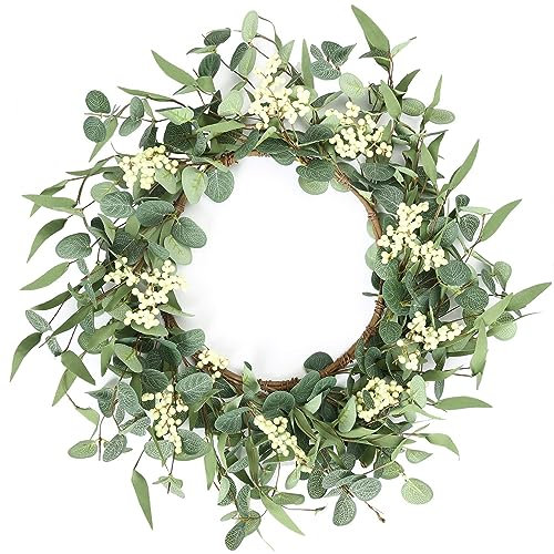 20 Artificial Eucalyptus Wreath, Spring Summer Wreaths for Front Door with White Berries Wreath Green Leaf Wreath for Window Wedding Farmhouse Patio Garden Party Decor.