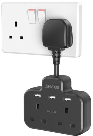 Double Plug Adaptor with USB, 2 Way Wall Adapter with Short Extension Lead, Multi Plug Socket Extender For Home Office (Black)