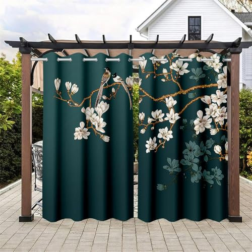 Hixingo 2 Piezas Cortinas de Exterior, Cortina Exterior Impermeable con Ojales, Estilo Chino, Visillos Semi Translucidas para Terraza/Patio/Jardin/Porche (Carbonero común,137x203cm)