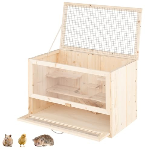 COSTWAY Hamsterbur trä, musbur med gallertak, ramp, plattformar, akrylpanel och låsbar dörr, gnagarbur för smådjurshamstrar, 60 x 35,5 x 42 cm, natur