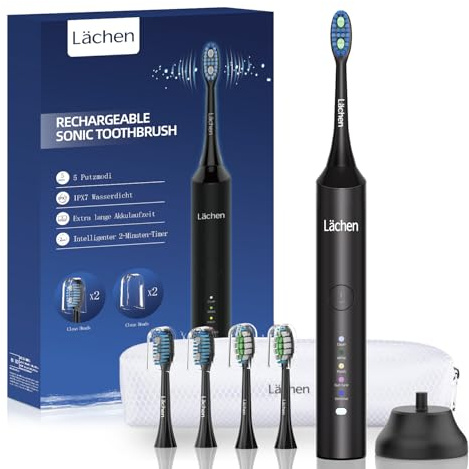 Lächen Spazzolino elettrico sonico, 5 modalità, spazzolino elettrico sonico con custodia da viaggio, 4 testine di ricambio, ricarica USB per 60 giorni, timer, IPX7, impermeabile, nero