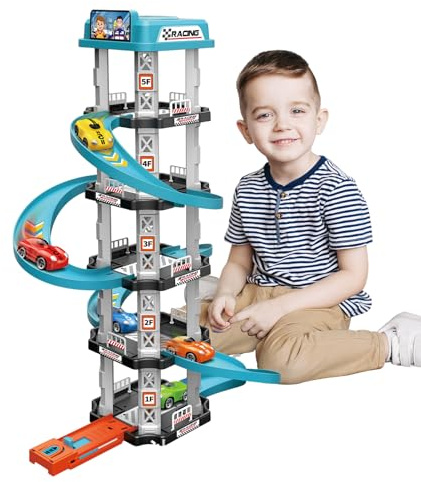Parking Garage Toy Playset, Racing Car Ramp Vehicle Assembly Interactive Toy, Garage Playset with Multi Level Racetrack, Interactive Vehicle Track Toys, Educational Toys for Girls, Boys