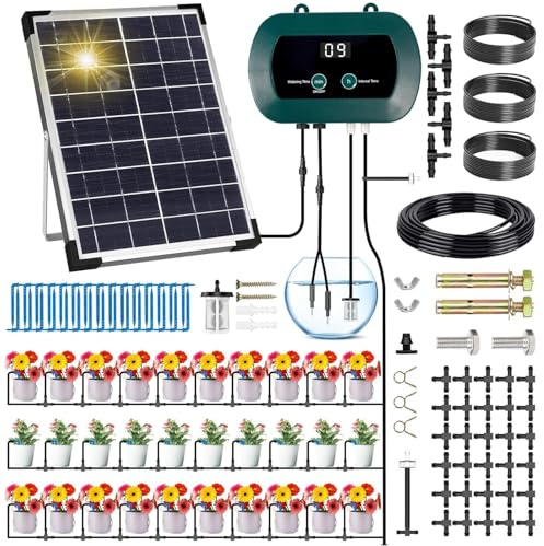 GUHAOOL Irrigazione Automatica Energia Solare, Sistema Automatico di Irrigazione del Giardino con Timer e Tubo Lungo 35M, Set di Irrigazione a Goccia per Piante in Vaso in Soggiorno, Patio, Balcone