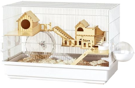 Hamsterbur 3 våningar, smådjursbur, bettsäker, utrustad med balanscykel, drickflaska och ett tillbehörsset i 10 delar, 60 × 32 × 39 cm, vit hamsterbur av trä, lätt att rengöra