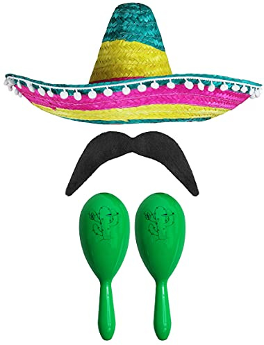 Mexikanskt tillbehörsset för vuxna – flerfärgad mexikansk sombrero, grön maracas, mustasch – mexikansk cinco de Mayo Sensorita Bandit Mariachi maskeraddräkt tillbehör set