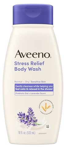 Aveeno Stress Relief Body Wash with Nourishing Oat & Lavender Scent for Sensitive Skin, Gently Cleanses & Helps You Feel Calm & Relaxed in the Shower, Soap-Free, 18 fl. oz