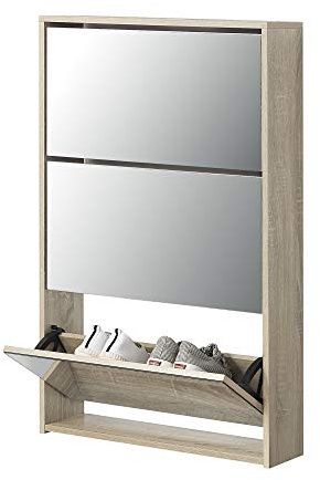 [en.casa] Schuhschrank Lund Schuhkipper mit 3 Klappen verspiegelt Schuhkommode für 9 Paar Schuhe 103 x 63 x 17 cm Sonoma-Eichenoptik