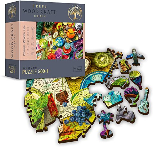 Trefl - Holzpuzzle, Bunte Cocktails - 500+1 Teile, Wood Craft, Unregelmäßige Formen, 50 Reisende Figuren, Modernes Premium Puzzle, DIY, für Erwachsene und Kinder ab 12 Jahren, holzpuzzle Erwachsene