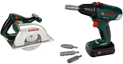 Theo Klein 8421 Bosch Kreissäge | Batteriebetrieben mit Kreissägebewegungen, Licht- und Soundfunktion & 8567 Bosch Akkuschrauber | Mit rotierenden und auswechselbaren Aufsätzen | Inkl. Licht und Sound