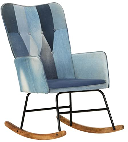 vidaXL Schaukelstuhl Schwingsessel Schwingstuhl Relaxsessel Schaukelsessel Sessel Relaxstuhl Polstersessel Wohnzimmer Blau Denim Patchwork Canvas