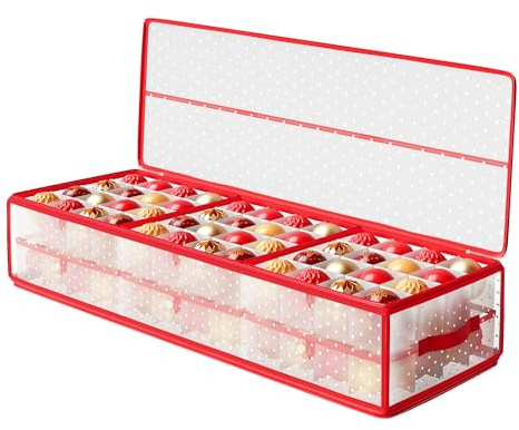 SONGMICS Christmas Ornament Storage Box, 96 Slots of 7.6 cm, 96.5 x 33.5 x 17.5 cm, Bauble Storage Box with Dividers, Zippers, Side Handles, Under the Bed, Cherry Red RFB031T02