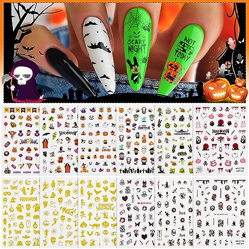 Kalolary 12 Fogli Adesivi per Unghie Halloween Autoadesive 3D Nail Stickers Unghie Adesivi Zucca Mummia Fantasma Decalcomanie per Unghie per La Festa di Halloween (A)