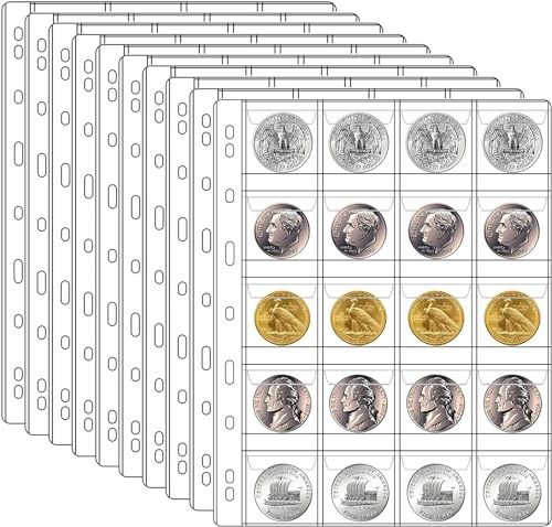 10 Sheets Coin Collection Pages, Coins Pocket Page with 200 Pockets, Coin Binder Inserts Sleeves with Standard 9 Hole for Coin Album. Storage Holder for Currency, Stamp and Other Supplies (20-Pocket)