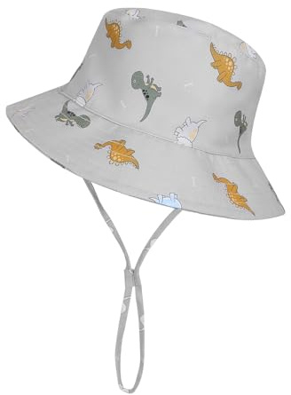 QKURT Chapeau de Soleil pour Enfants, Chapeau Seau Dinosaure, Casquette de Plage Réglable avec Doublure en Maille Respirante, Chapeau de Pêcheur Coupe-Vent pour Tout-Petits de 2 à 6 Ans