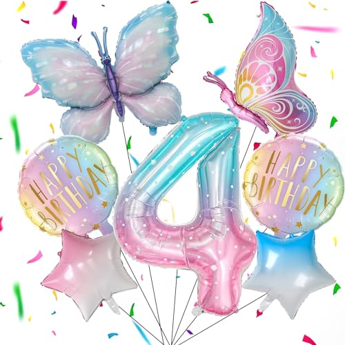 Capgoost 4 år fjäril dekoration födelsedag, 7 stycken fjäril födelsedagsdekoration flicka, fjäril ballong, feer födelsedag dekoration, fjäril dekoration temafest för flickor födelsedag