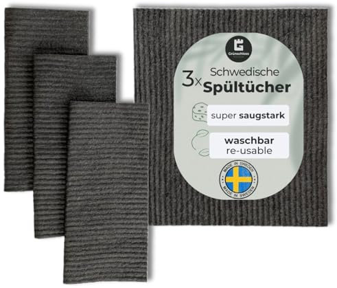 Grünschloss Spüllappen grau (3X) Spültücher waschbar dunkelgrau Putzlappen Baumwolle & Holz-Zellstoff (Made in Sweden) Schwammtücher Küche saugstark - Abwaschlappen Küche, modern & hygienisch