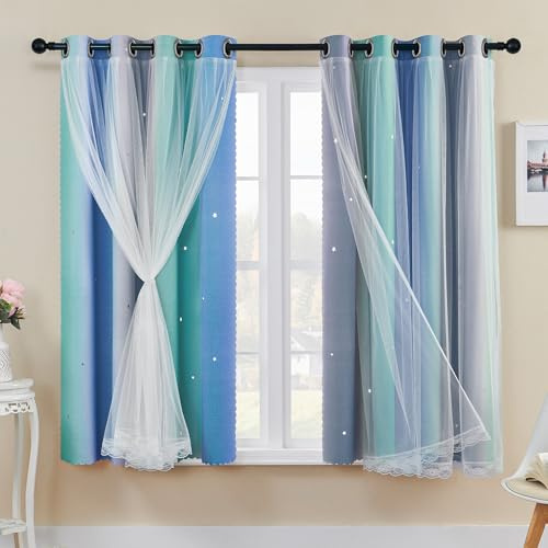 XiDi Blackout Curtains with Net 54 Drop Hollow Out Star Pattern Mix White Voile Sheer Short Eyelet Curtains for Kids Preteen Bedroom 52 Inch Wide,Green Blue Grey 2 Panels