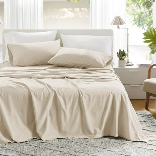 Comfort Spaces 100% Cotton Sheets Full, Breathable & Ultra Soft Cotton Sheets, Naturally Cool Cotton Bed Sheets with 14 Elastic Pocket Fits up to 16 Mattress, All Seasons Sheet Set, Cream 4 Piece