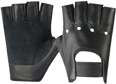 Long Keeper Guanti in Vera Pelle a Mezze Dita Senza Dita da Uomo, Guanti Antiscivolo Moto Ciclismo Sfoderato. (Nera)