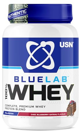 USN Blue Lab Whey Protein Powder, Chocolate Blueberry Gateau Flavour - 908g (26 Servings), Premium Whey Isolate Protein Dietary Supplement, Post Workout Lean Muscle Growth BCAA Amino Acids Powder