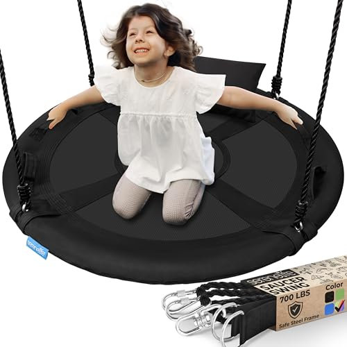 SereneLife Tree Swing Seat, Large Round Saucer Kids Swings, Adults and Kids Nest Swing, Durable Frame, 318kg Capacity, Indoor Outdoor Hanging Rope Swinging Seat for Backyard, Garden and More – Black