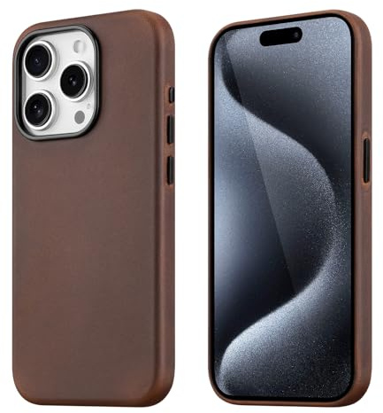 maogoam for iPhone 15 Pro Case Leather, Genuine Crazy Horse Leather Case for iPhone 15 Pro,Compatible with MagSafe, Indiana-Jones Style, Dark Brown