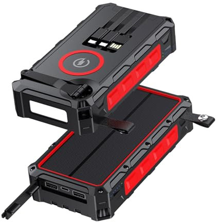 ​Batería Externa 20000mAh Solar Portátil con Dinamo Manivela, Cargador Multiusos USB-C con Carga Rápida, 3 Cables Incluidos, Fuente de Energía para Teléfonos y Equipos Externos​ (Rojo)