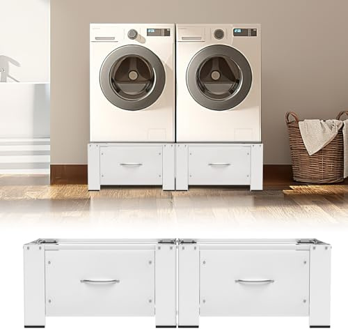 Herrselsam 2x Waschmaschinen Untergestell mit Schublade 63x54x32 cm – Podest mit Montagewerkzeug, stabiler Bodenrahmen, Schubladenfront 46x25 cm, Geräuschdämmend – für Waschmaschine & Trockner, Weiß