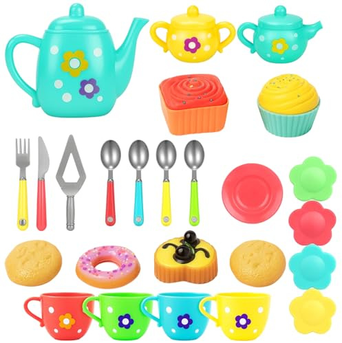 Kids Tea Set for Girls, 25-Piece Pretend Play Toy Tea Set for Toddlers, Includes Teapot, Cups and Plates, Ideal for Social Skills Development and Group Play