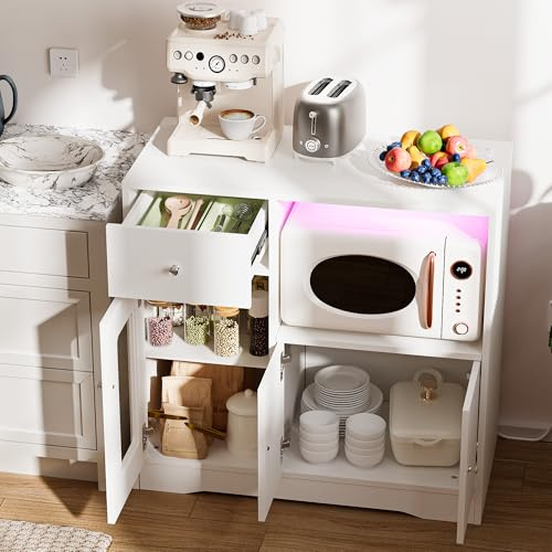 Saitedudu Meuble de cuisine avec plan de travail, buffet de cuisine avec étagère à micro-ondes, buffet avec 1 tiroir, 3 portes, placard de rangement pour salle à manger, cuisine, salon (blanc)