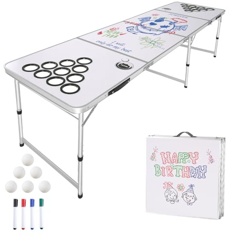 VEVOR Mesa de Juego de Beer Pong 240 x 60 x 52/70 cm Plegable y Portátil, Mesa Ligera con Agujeros para Vaso y 6 Pelotas de Ping Pong, Carga de 30 kg, para Oficina, Fiestas, Viajes, Camping, Blanco