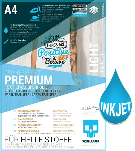 SKULLPAPER Transferfolie für HELLE Stoffe (*verbesserte Version*) - für Tintenstrahldrucker (A4-10 Blatt)