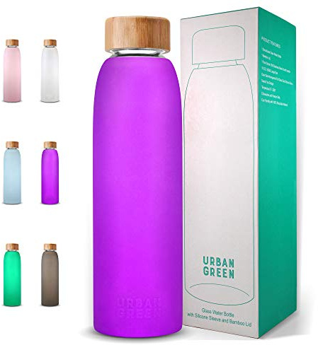 Urban Green Glass Water Bottle with Protective Silicone Sleeve and Bamboo Lid, 18oz, 1extra 304 Stainless Steel Lid with Handle, BPA Free, Dishwasher Safe, Valentine Gift