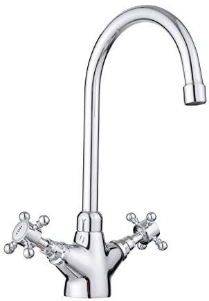 JASSFERRY Swan Neck Kitchen Mixer Tap Monobloc Two Crosshead Handles Sink Basin Faucet with Swivel Spout Chrome
