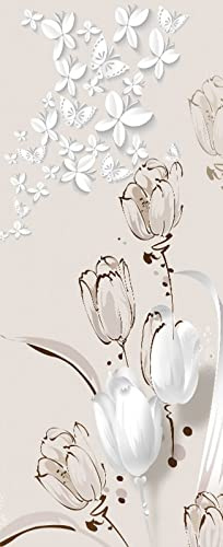 A.Monamour Adesivo Porta Autoadesiva Dipinto A Mano Tulipani Bianchi Fiori E Farfalle Vinile PVC Adesivi per Porte Interne 3D Pellicola Adesiva Poster Sticker Murale Parete Carta da Parati