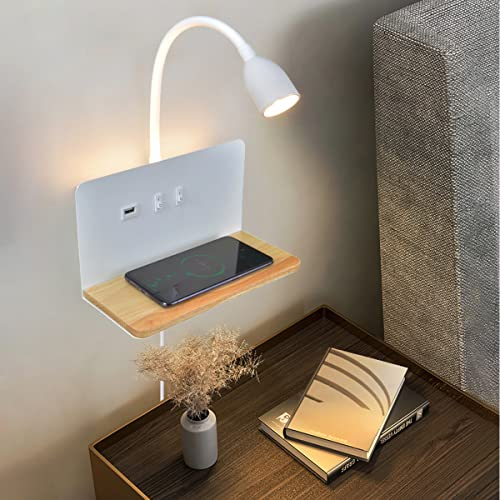 Bianco Applique da parete interno LED, Lampada da parete con Porte di Ricarica USB e Caricatore Wireless, Lampada a Muro a parete con spina e cavo, Regolabile e Flessibile Luce da Lettura Dimmerabile